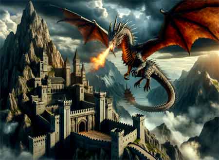 dragon breathing on mountain castle, deep dream generator