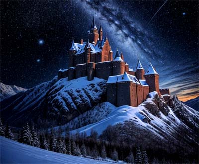 Castle, mountains, outside, snow, starry sky, tall, neural love, cc0