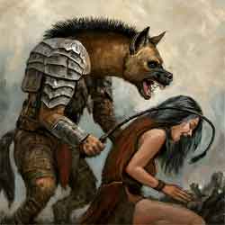 Gnoll holding a whip with a female slave, Google Gemini
